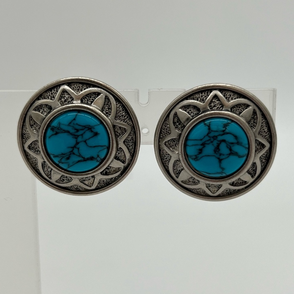 Vintage LERITZ ClipOn Earrings Silver Tone Turquoise Cabochon Southwestern Style